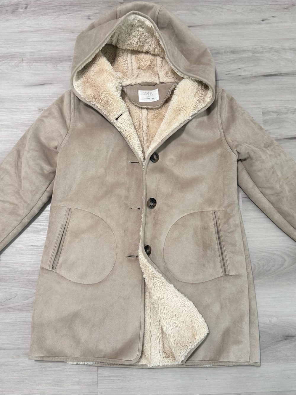 Zara Taupe Hooded Faux-Suede Coat with Cream Sherpa Lining